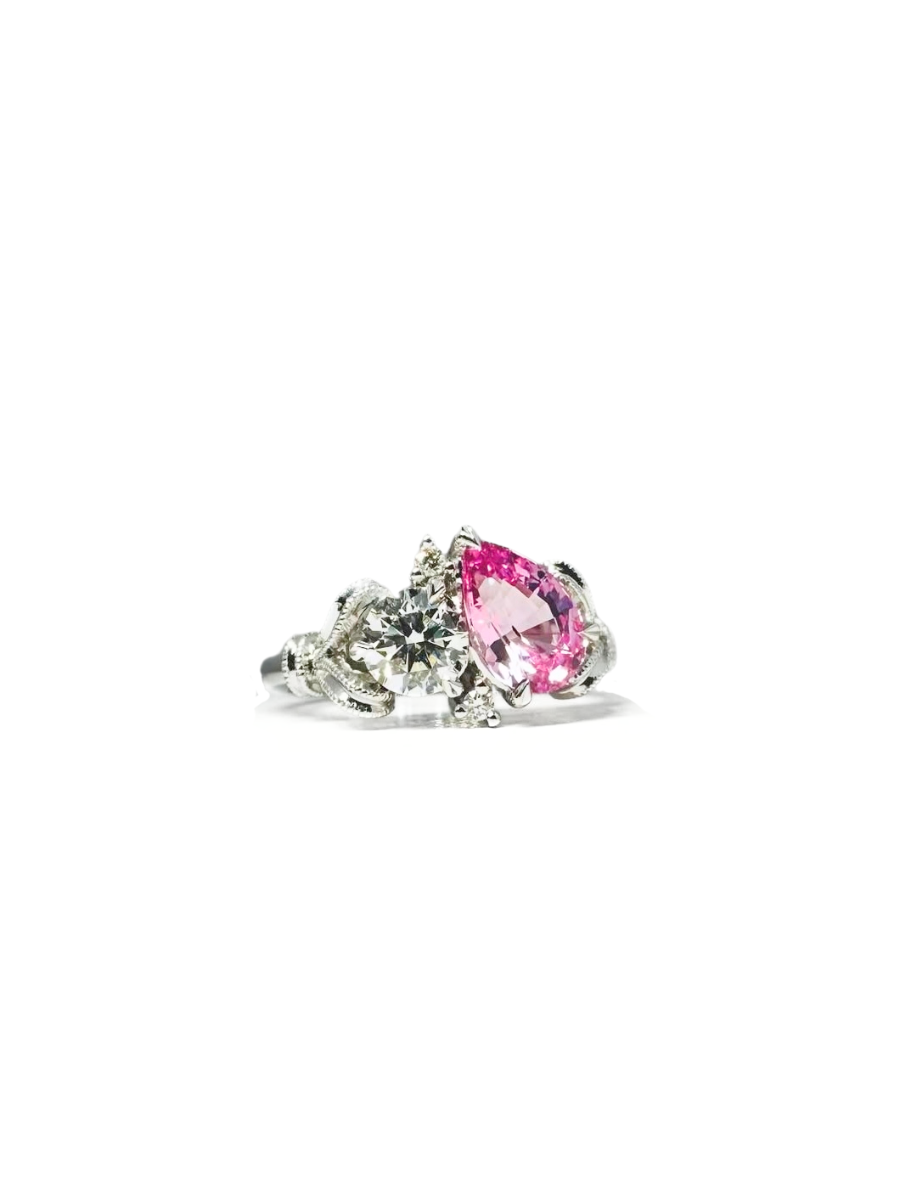 Pink Pear Shaped Sapphire and Diamond 18ct White Gold Engagement Ring