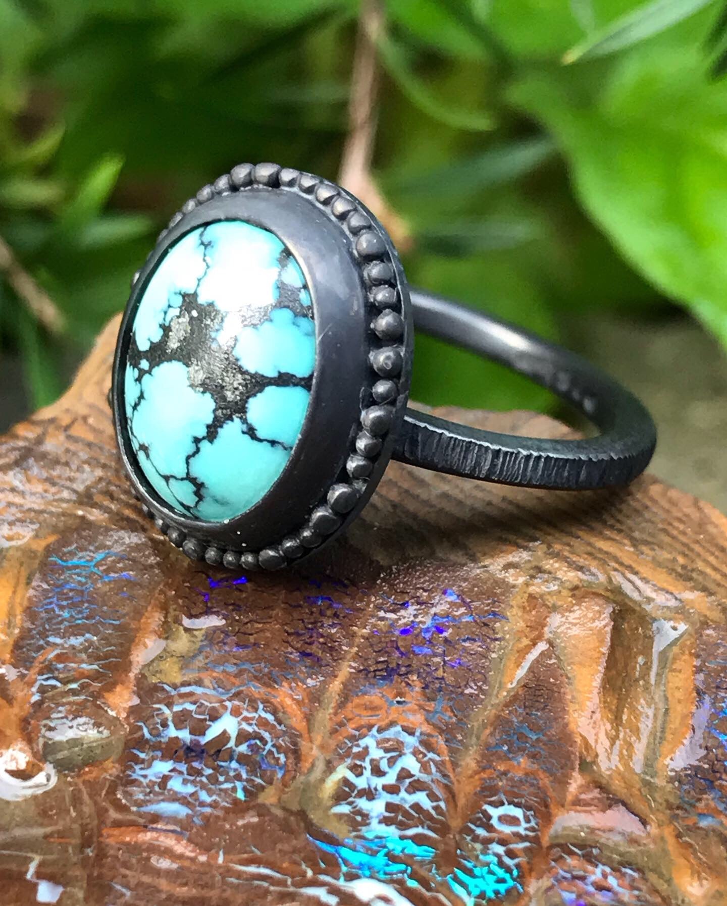 Antique style Turquoise and Silver Ring with Black Rhodium finis. Handcrafted using ethically sourced materials for a high quality finish.