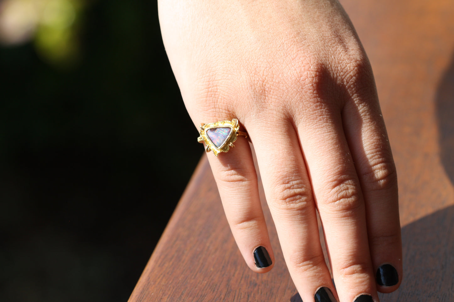 18ct yellow gold and purple Queensland Boulder opal. Australian made and hand selected opal for a unique style using ethically sourced materials.