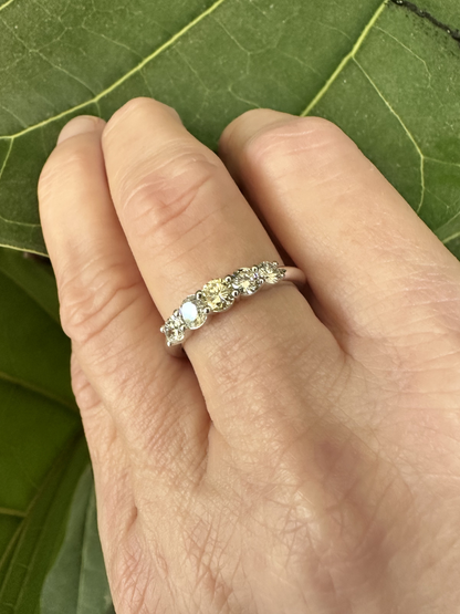 Hand wearing a silver ring with 5 diamonds against a green leaf background