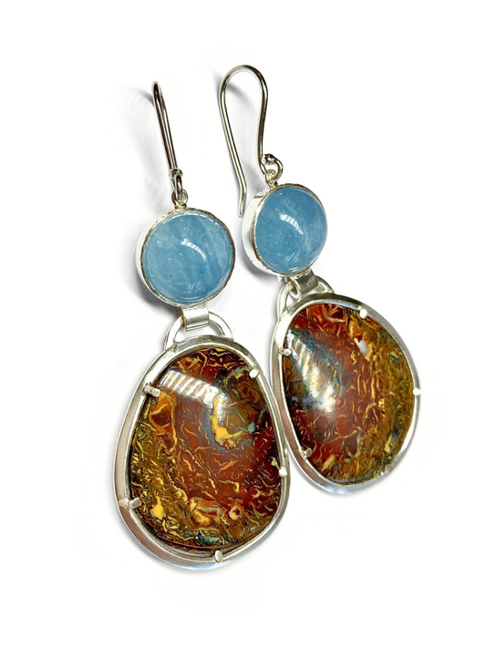 Blue Spring Aquamarine and Opal Earrings