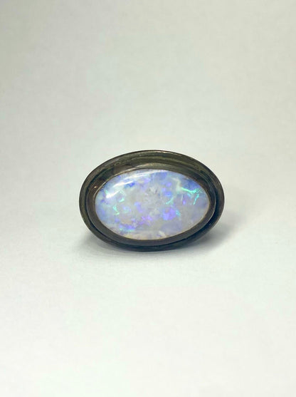Lightning Ridge Solid Crystal Opal Ring | Silver with Black Rhodium Finish