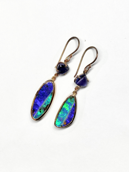 Neptune Iolite and Opal Drop Earrings