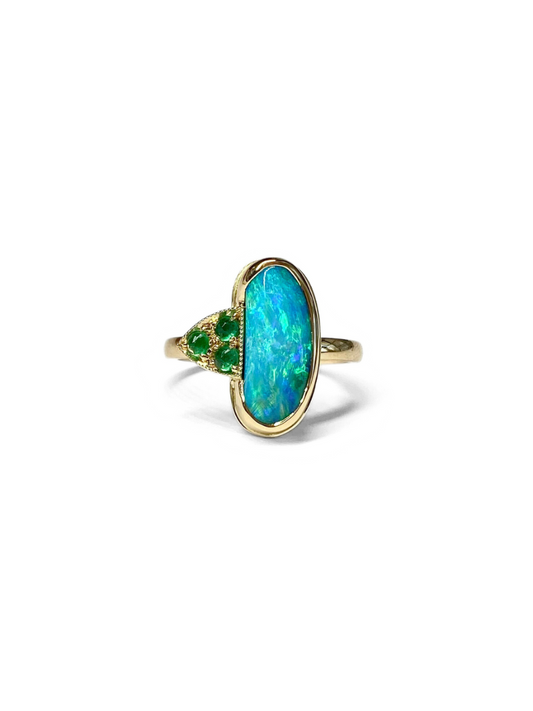 Oceanic Bliss Opal and Emerald Gold Ring