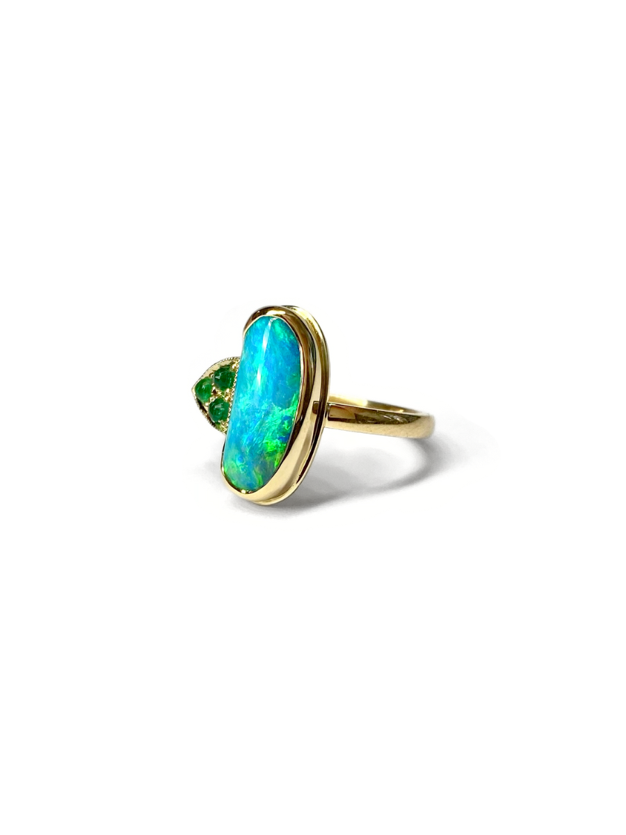 Oceanic Bliss Opal and Emerald Gold Ring