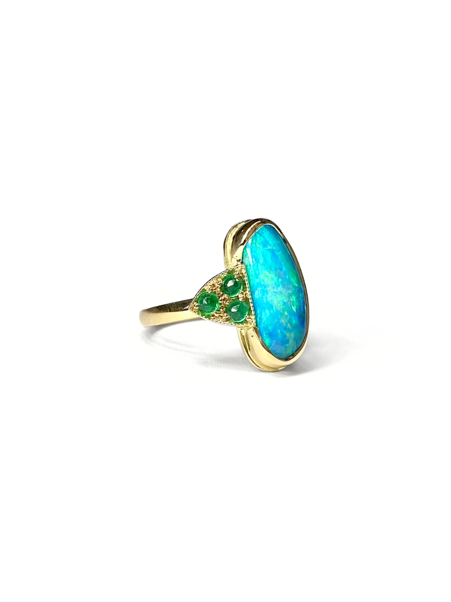 Oceanic Bliss Opal and Emerald Gold Ring