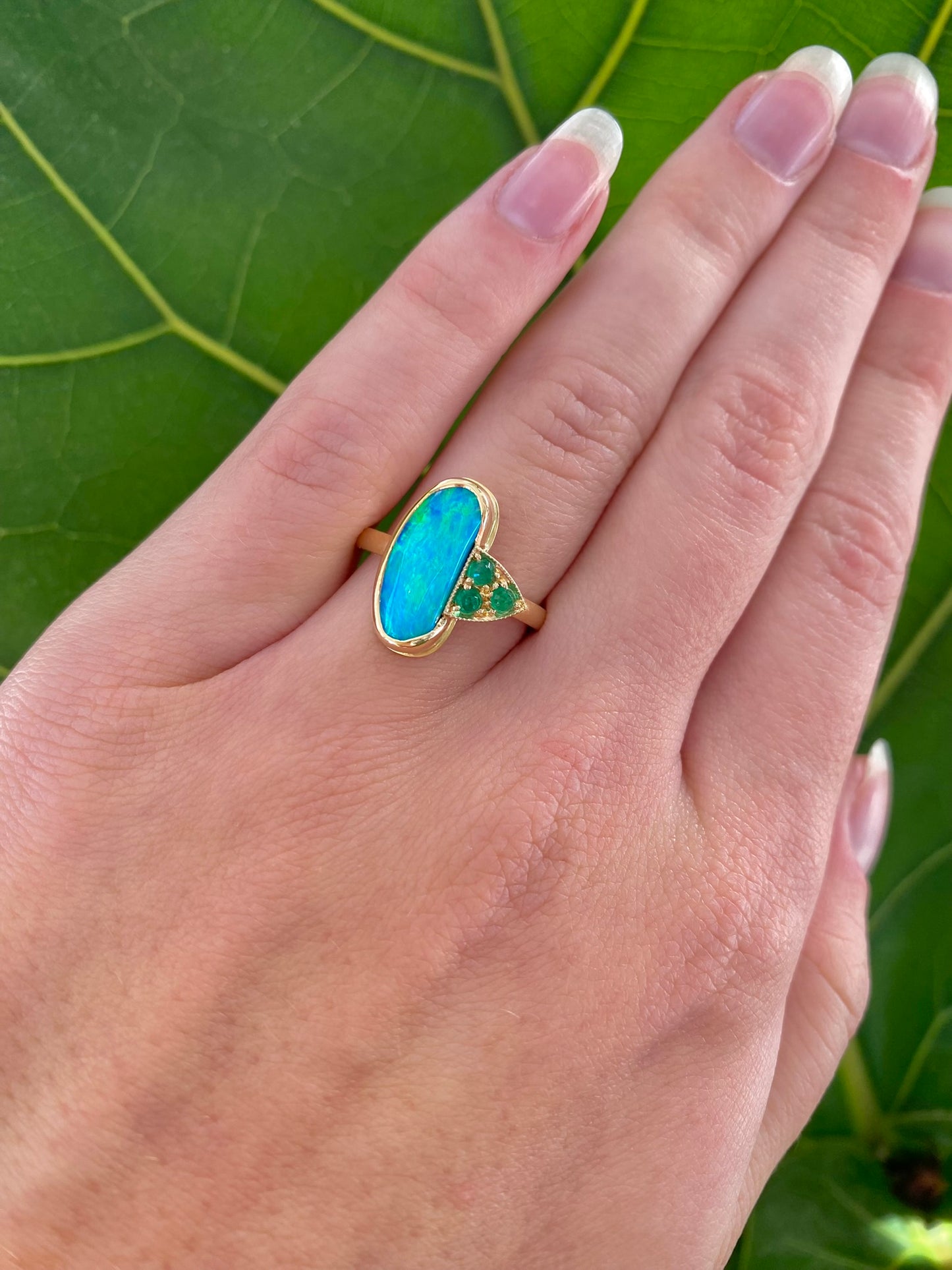 Oceanic Bliss Opal and Emerald Gold Ring