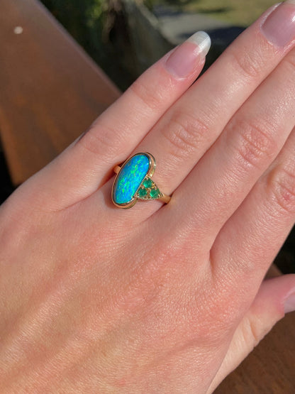 Oceanic Bliss Opal and Emerald Gold Ring