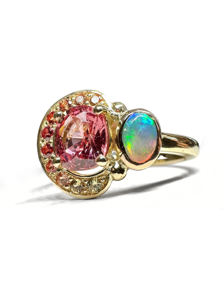 Watermelon Spinel, Sapphire and Opal Ring