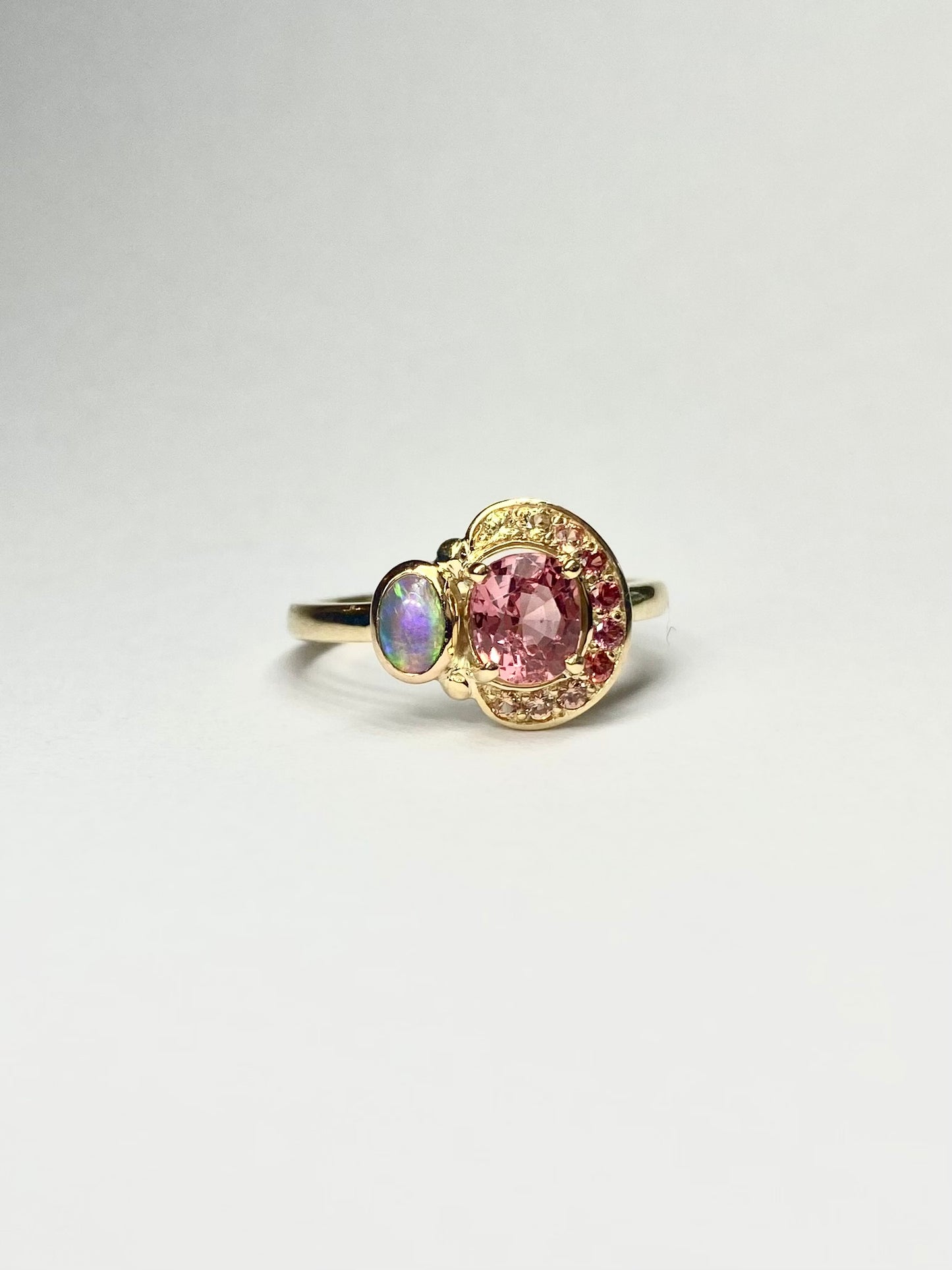 Watermelon Spinel, Sapphire and Opal Ring