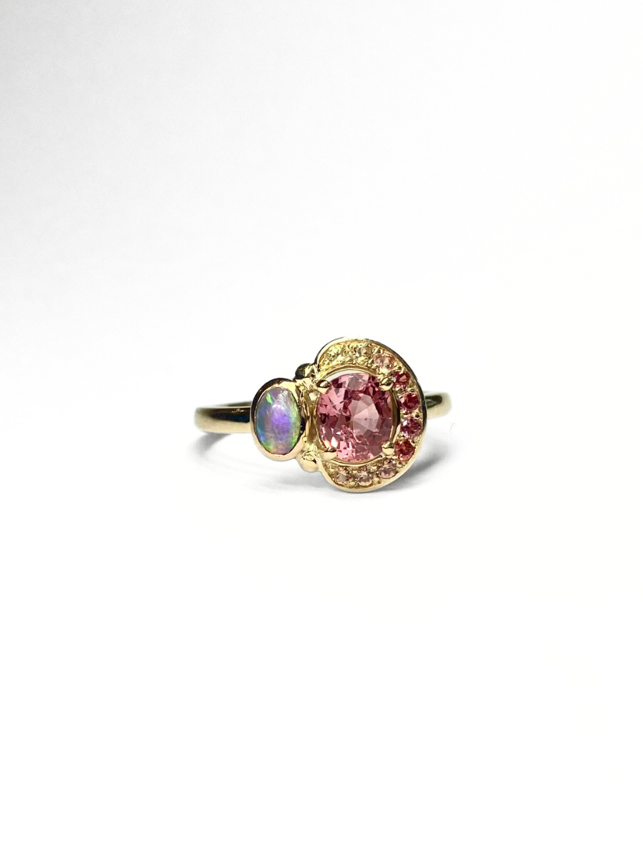 Watermelon Spinel, Sapphire and Opal Ring