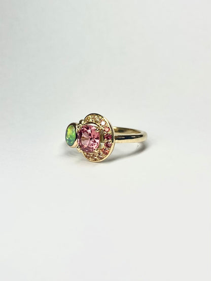 Watermelon Spinel, Sapphire and Opal Ring