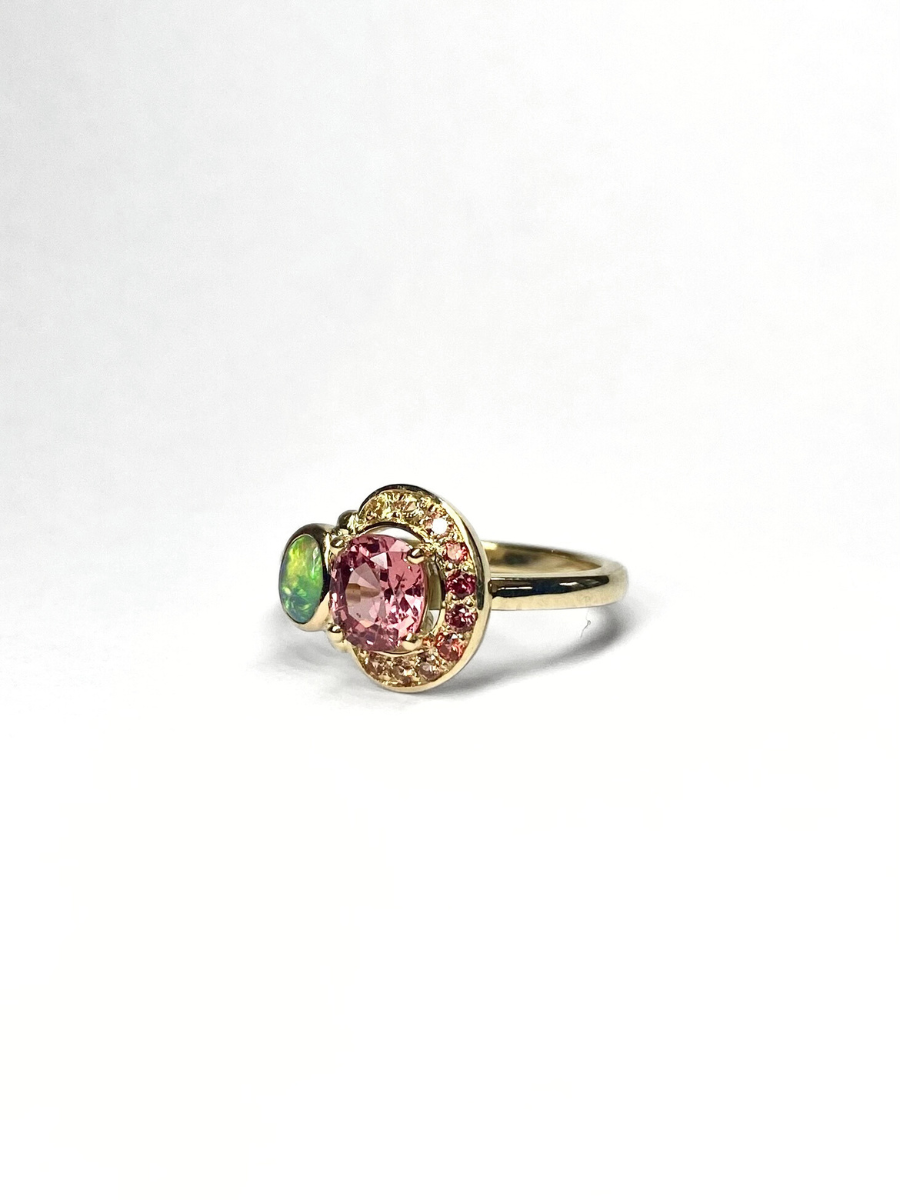 Watermelon Spinel, Sapphire and Opal Ring