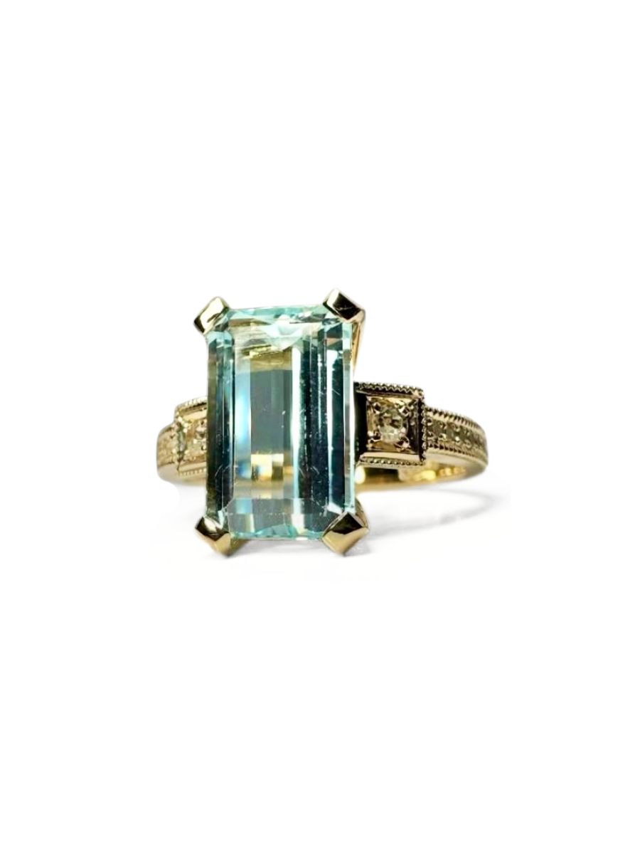 Emerald Cut Aquamarine and Diamond Engagement Ring