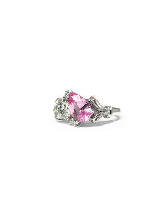 Pink Pear Shaped Sapphire and Diamond 18ct White Gold Engagement Ring