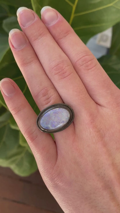 Lightning Ridge Solid Crystal Opal Ring | Silver with Black Rhodium Finish