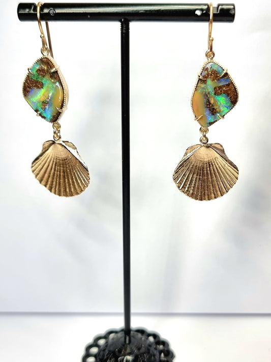 Rockpool Opal and Yellow Gold Shell Earrings