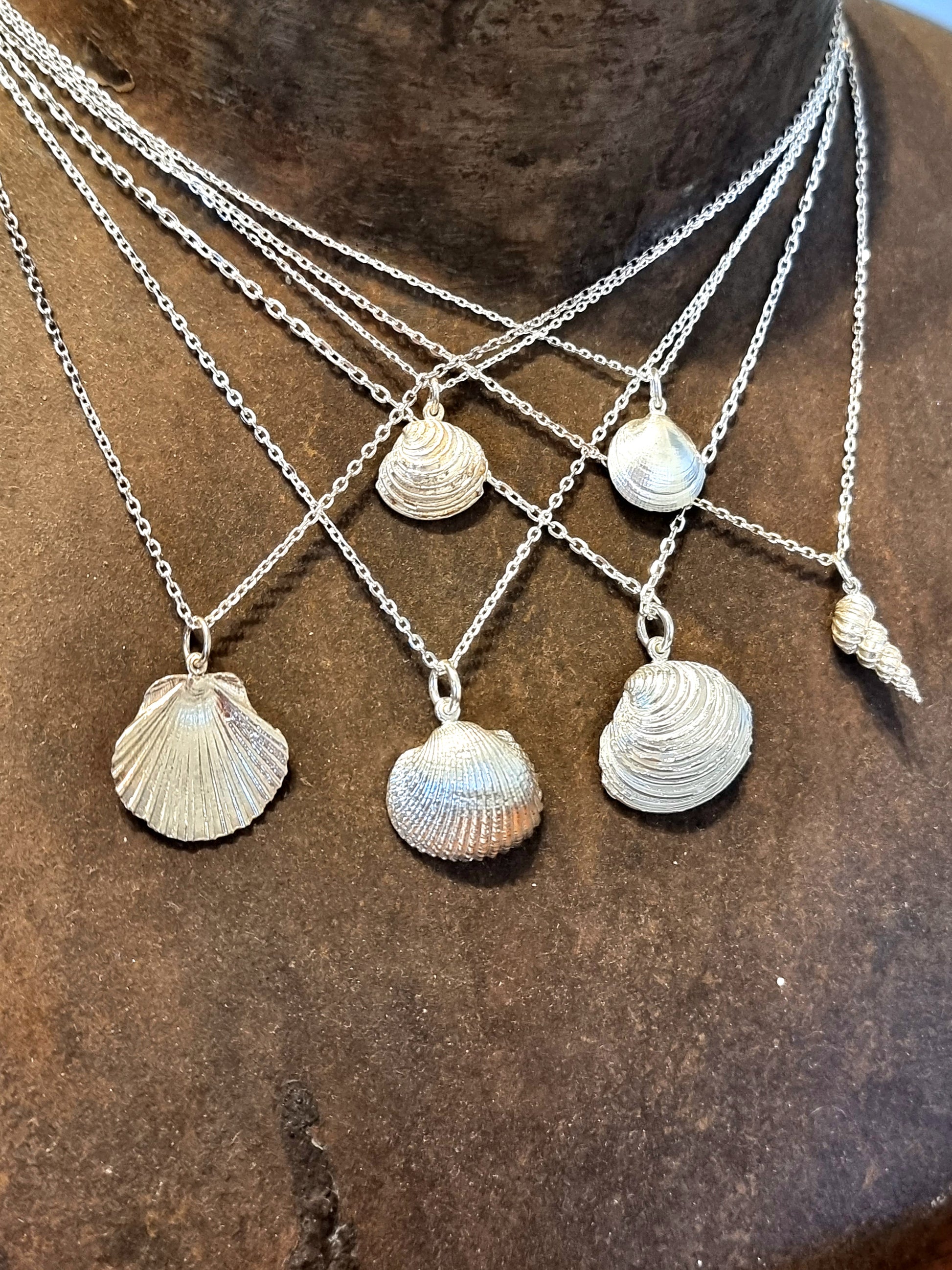 6 silver shell pendants on silver chains. Shell pendants are cast from real shells from QLD beaches. Necklaces are worn on a black iron mannequin