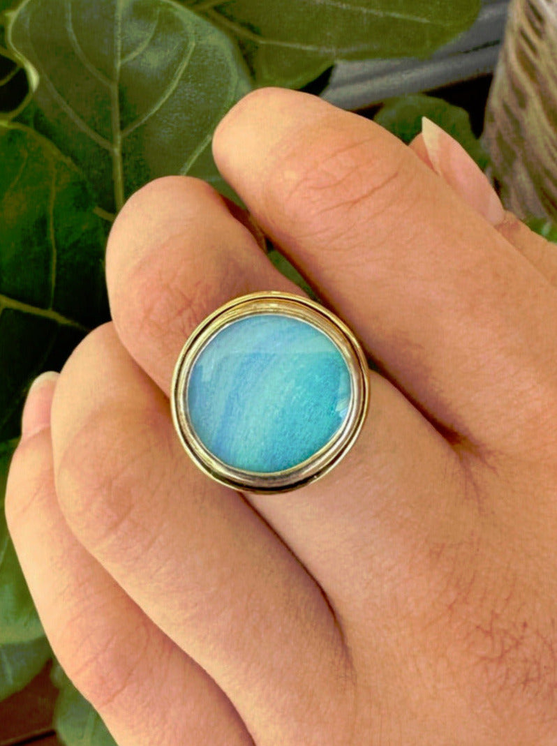 Aqua Splash Opal Silver and Gold Ring