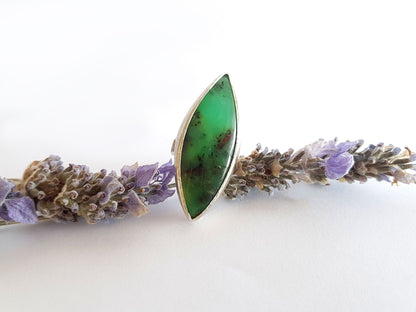 Green dendritic chrysoprase stone set in silver with a brushed and hammered finish to give texture around the stone. Australian made and hand crafted using ethical and local products.