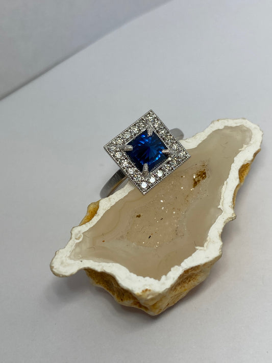 Inverted and Blue Sapphire and Diamond Ring