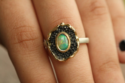 green Queensland boulder opal in silver and 18ct Yellow gold. blackened silver balls. Australian made and handcrafted in our brisbane studio using ethically sourced materials.