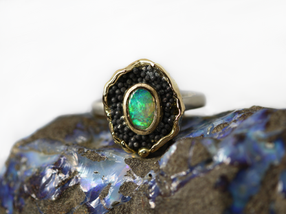 green Queensland boulder opal in silver and 18ct Yellow gold. blackened silver balls. Australian made and handcrafted in our brisbane studio using ethically sourced materials.