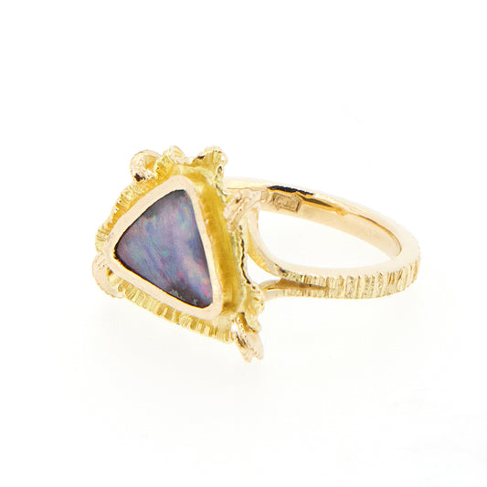 18ct yellow gold and purple Queensland Boulder opal. Australian made and hand selected opal for a unique style using ethically sourced materials. 