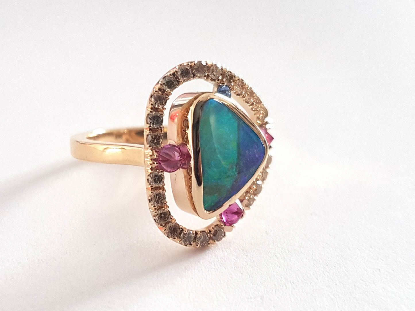 UPDATE: Queensland Opal, Diamond and Pink and Blue Sapphire | 9ct Yellow Gold Ring