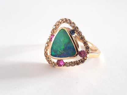 UPDATE: Queensland Opal, Diamond and Pink and Blue Sapphire | 9ct Yellow Gold Ring