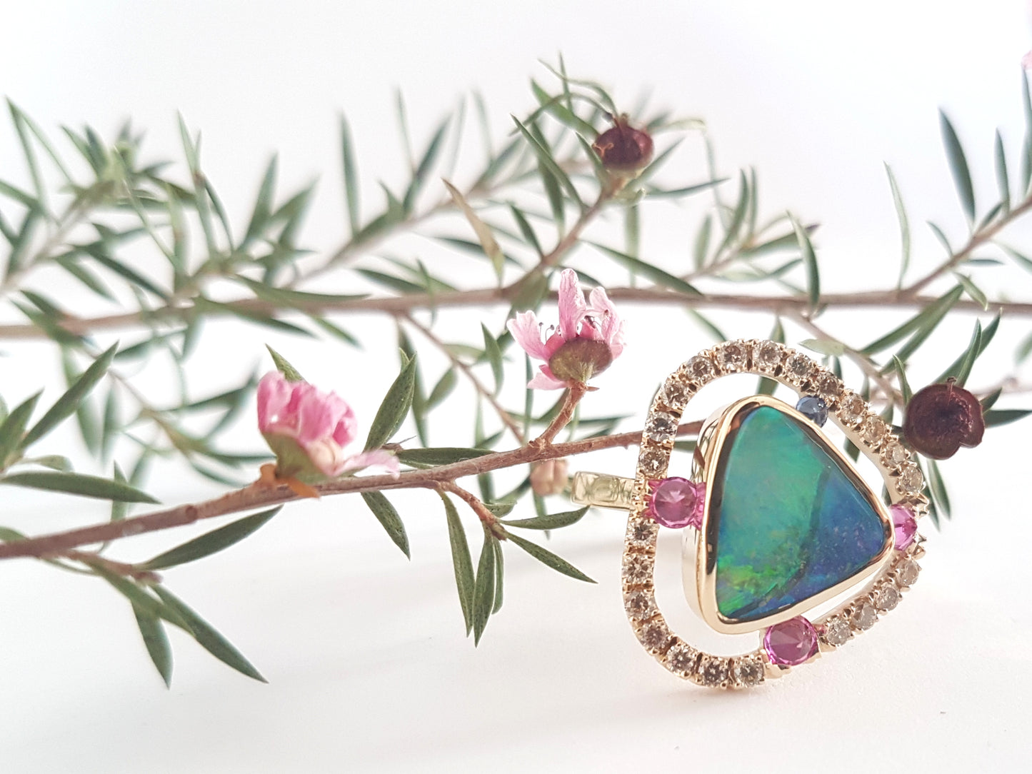 UPDATE: Queensland Opal, Diamond and Pink and Blue Sapphire | 9ct Yellow Gold Ring