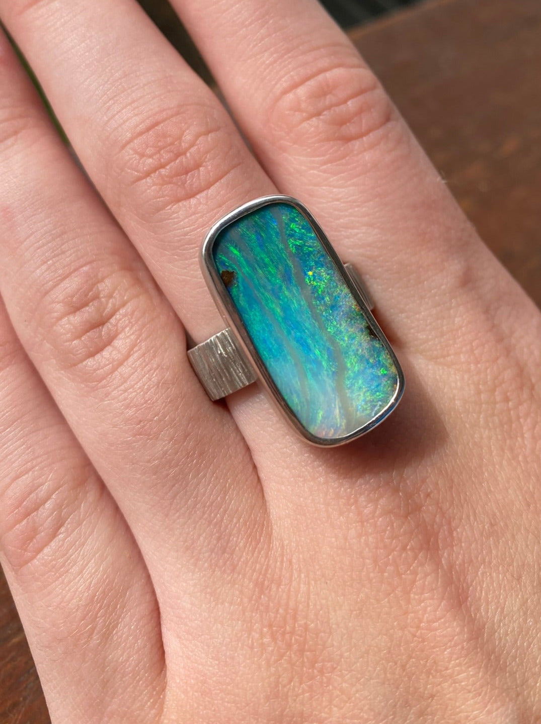 Seascape Long Opal and Silver Ring